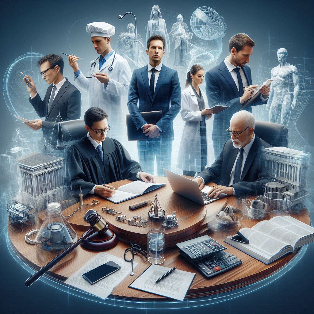 Lawyer, doctor, architect, and dentist working together